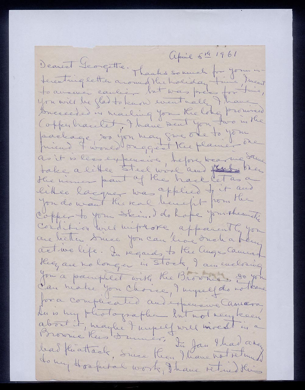 Letter from Dorothy Lee to Georgette Chen, 5 April 1961 (Page 1 of 3)