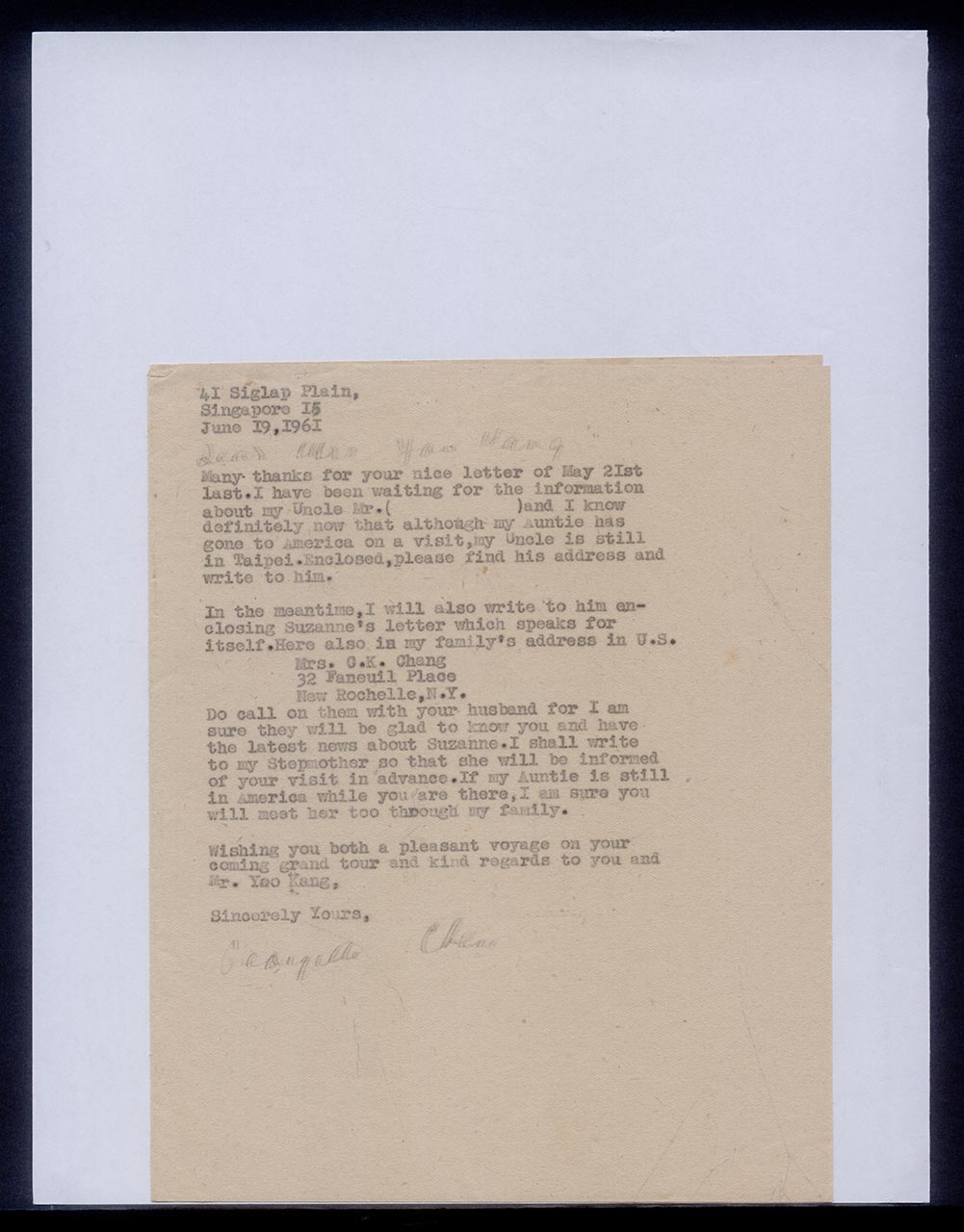 Letter from Georgette Chen to Mrs Yao Kang, 19 June 1961