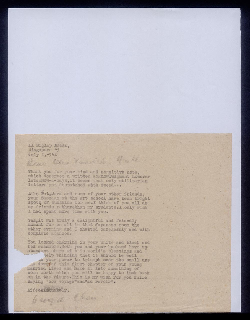 Letter from Georgette Chen to Mrs Grethe, 1 July 1961
