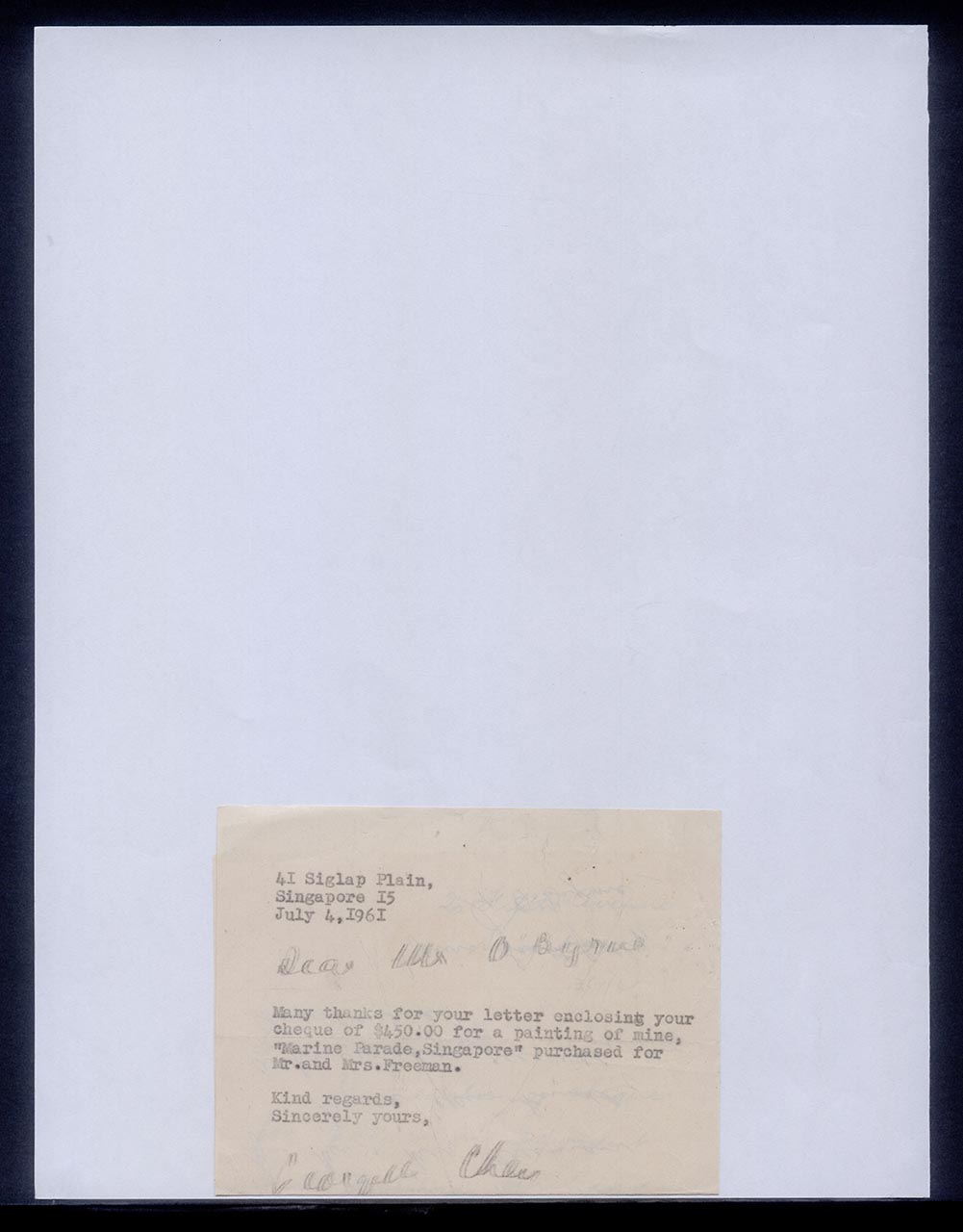 Letter from Georgette Chen to Mr O' Byrne, 4 July 1961 (Page 1 of 3)