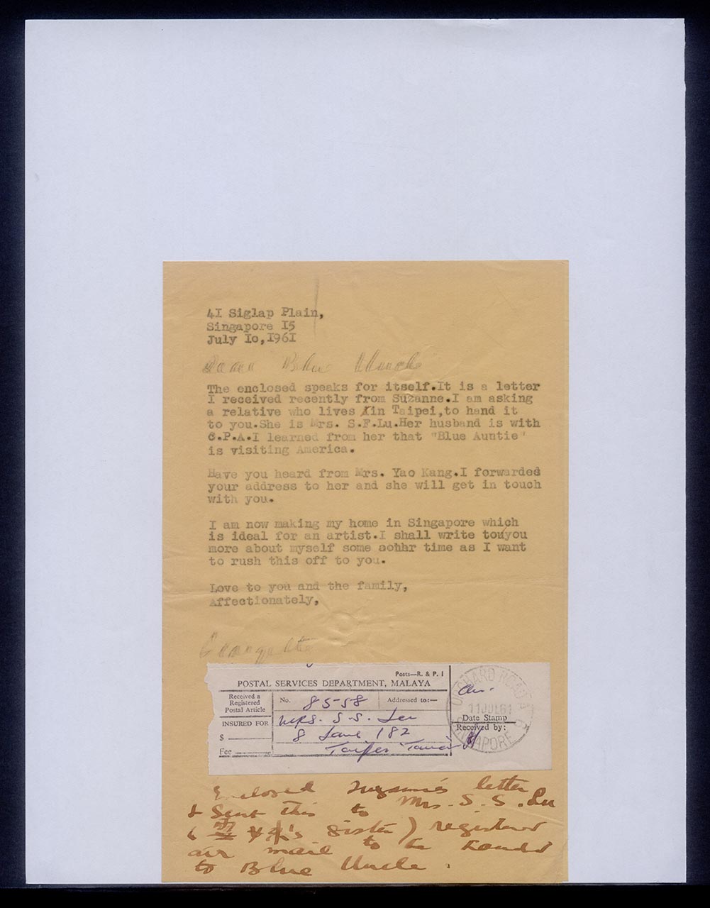 Letter from Georgette Chen to "Blue Uncle", 10 July 1961