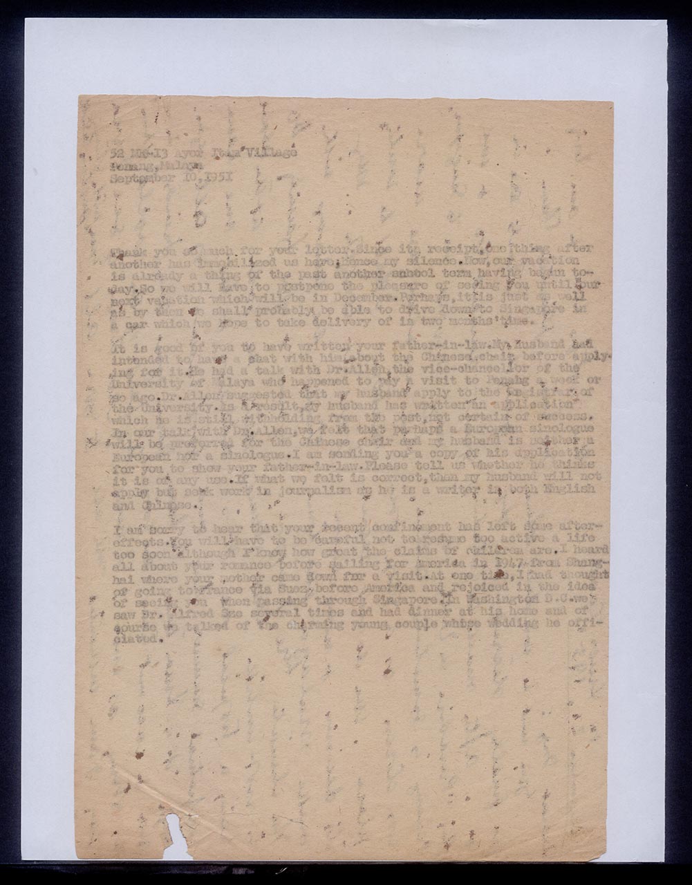 Letter from Georgette Chen, 10 September 1951
