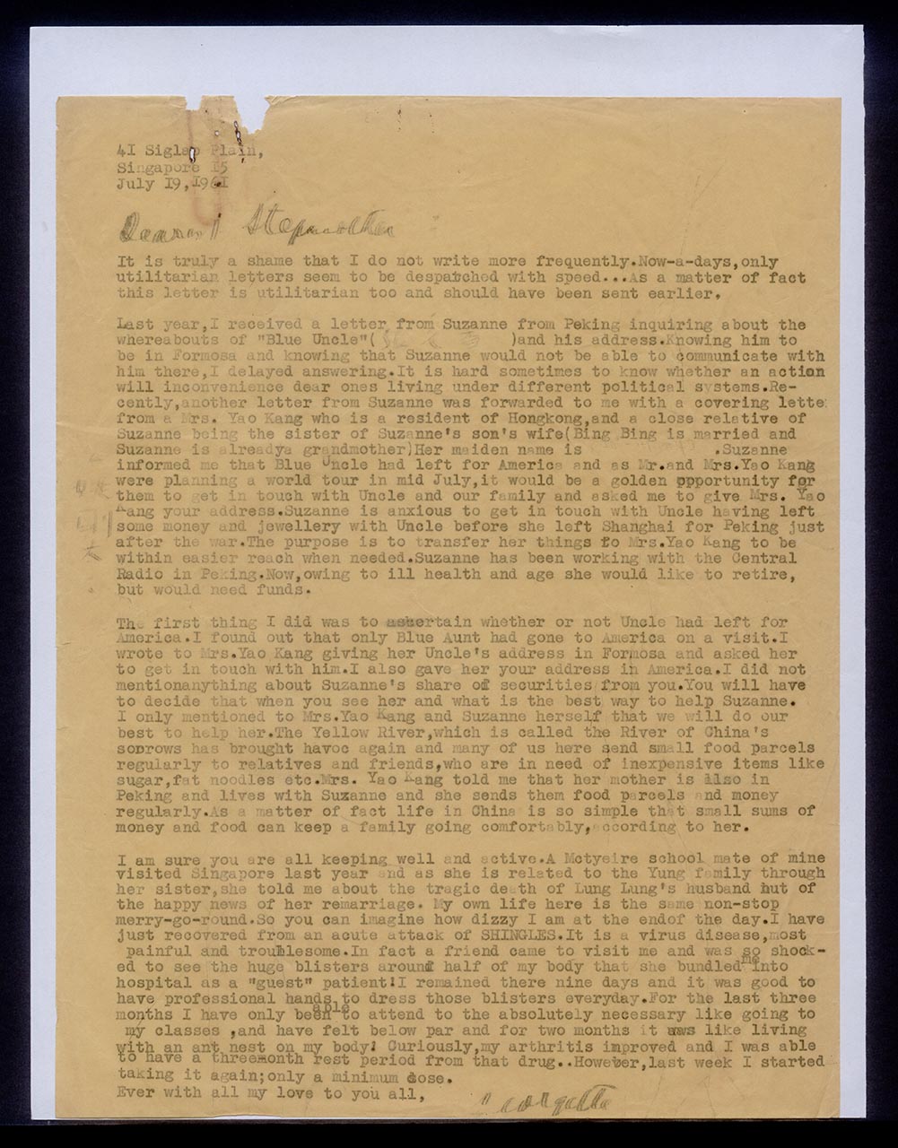 Letter from Georgette Chen to Chang Yi Ming, 19 July 1961