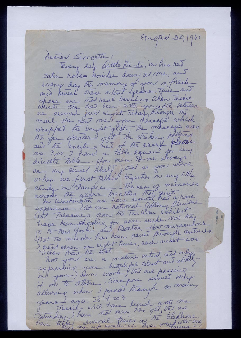 Aerogramme from Mrs. Lewis Chan to Georgette Chen, 20 August 1961 (Page 1 of 2)