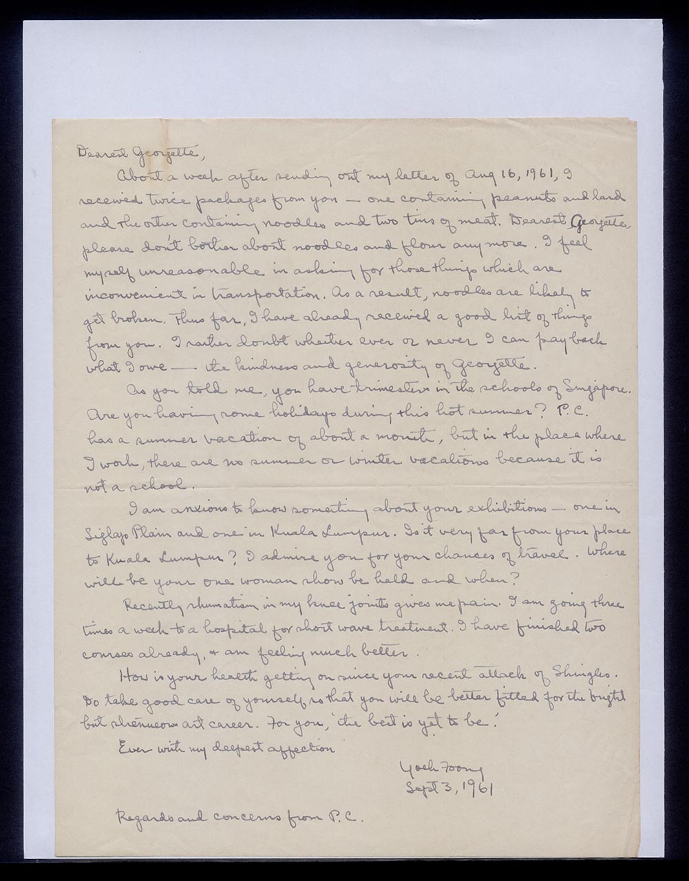Letter from Chuang Yoeh Foong to Georgette Chen, 3 September 1961