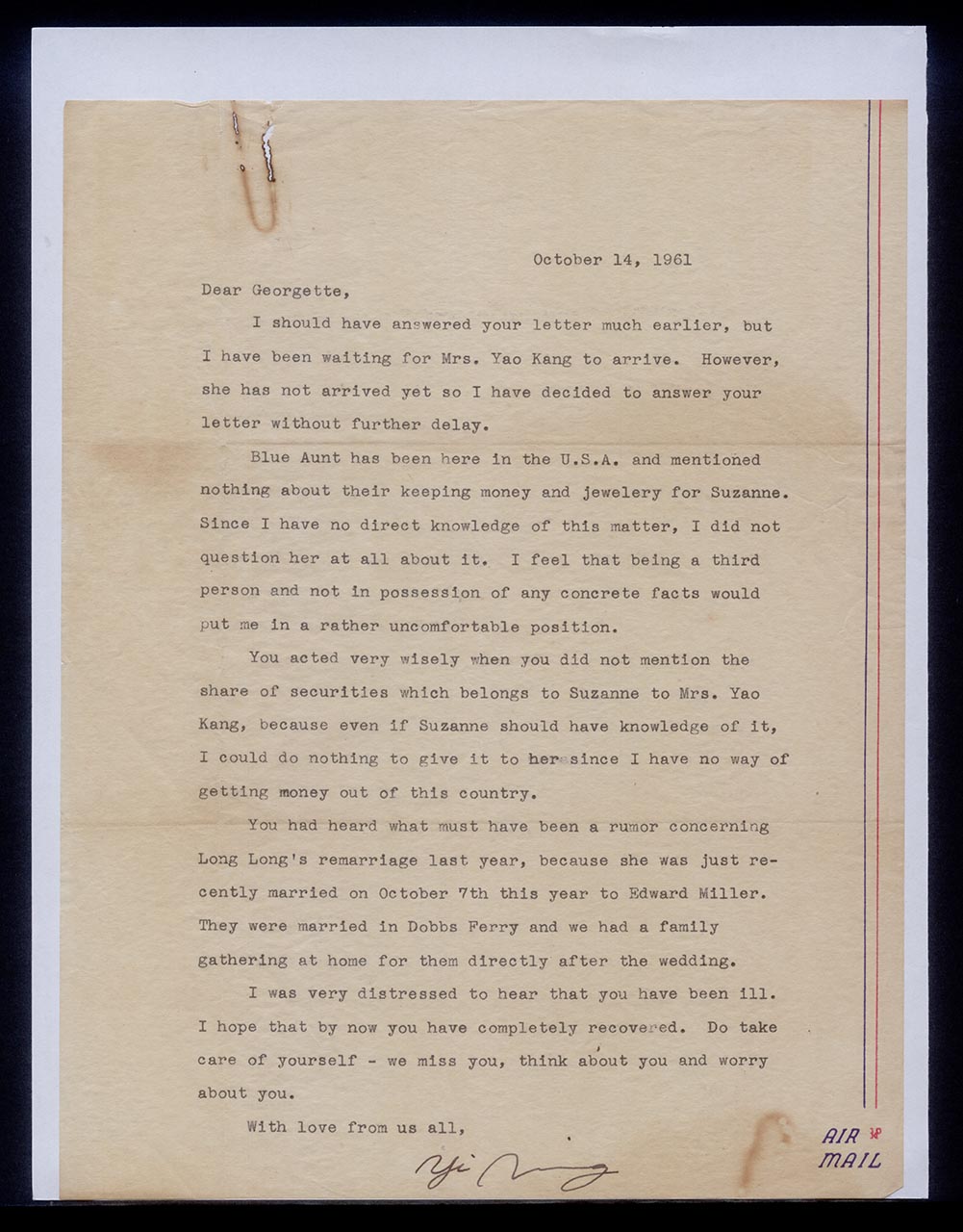 Letter from Chang Yi Ming to Georgette Chen, 14 October 1961