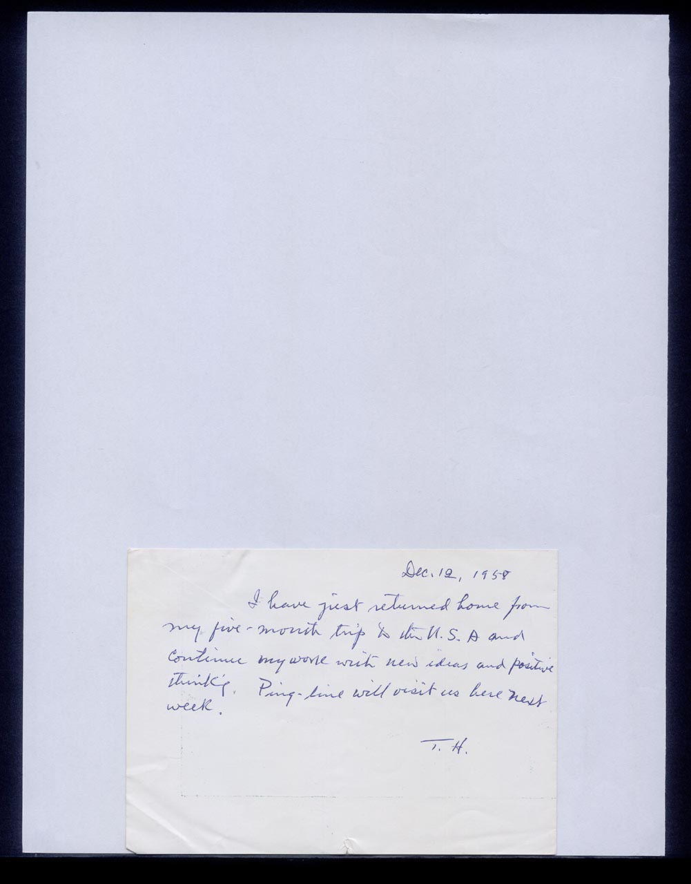 Postcard from T.H. Shen to Georgette Chen, 12 December 1958 (Page 2 of 2)