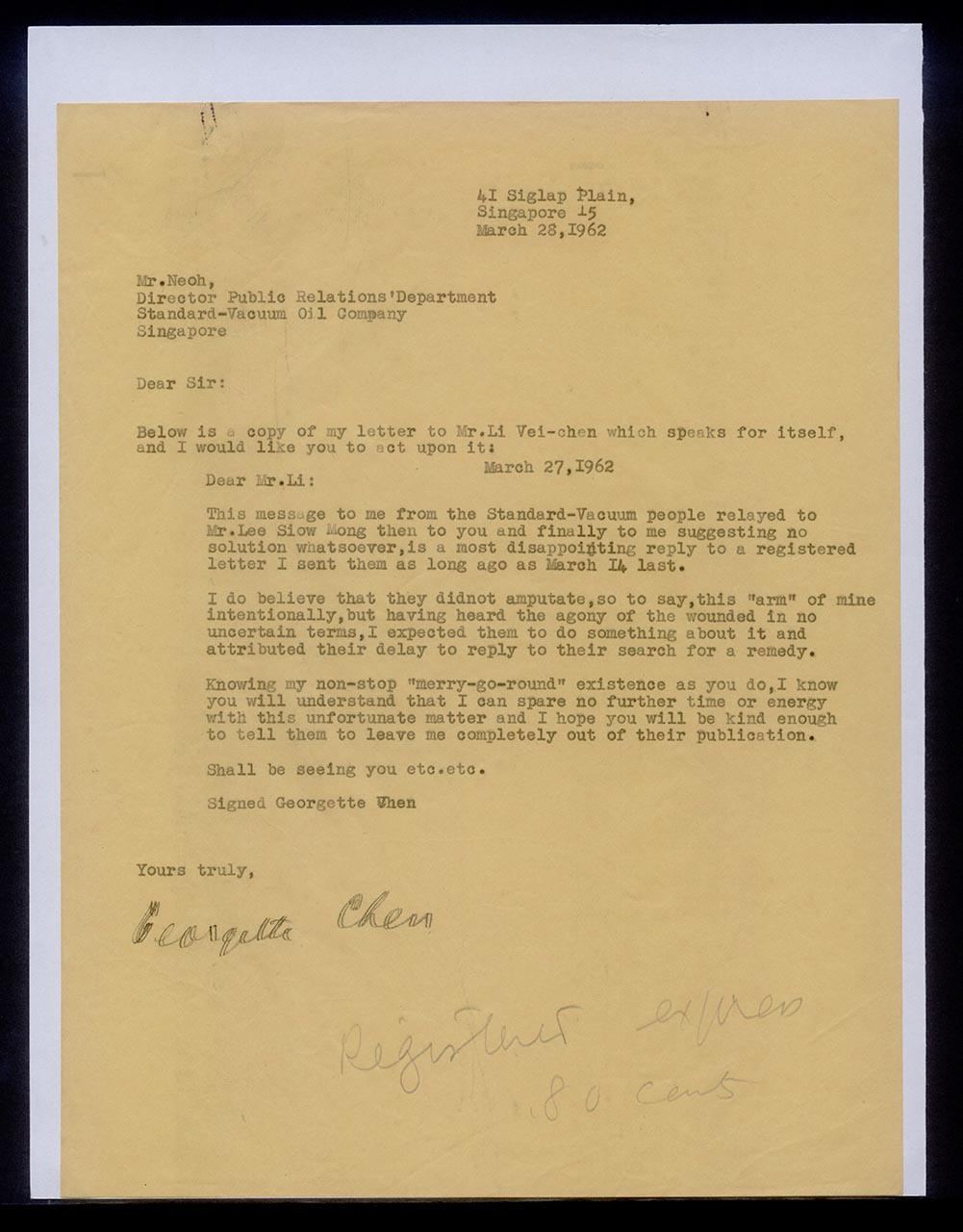 Letter from Georgette Chen to Mr Neo (Standard-Vacuum), 28 March 1962
