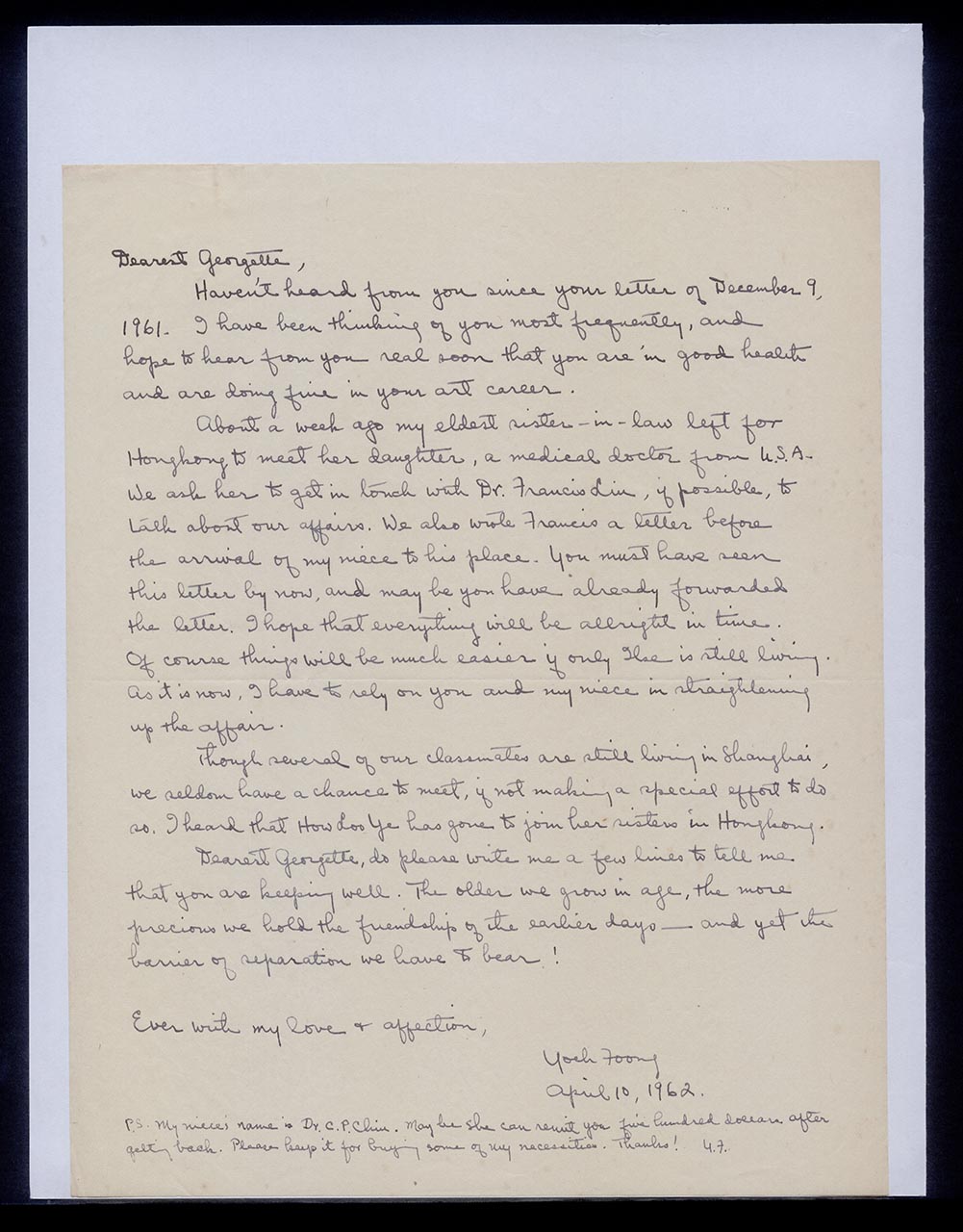 Letter from Chuang Yoeh Foong to Georgette Chen, 10 April 1962