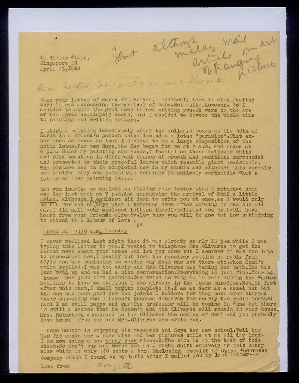 Letter from Georgette Chen to the Kim family, 23 April 1962
