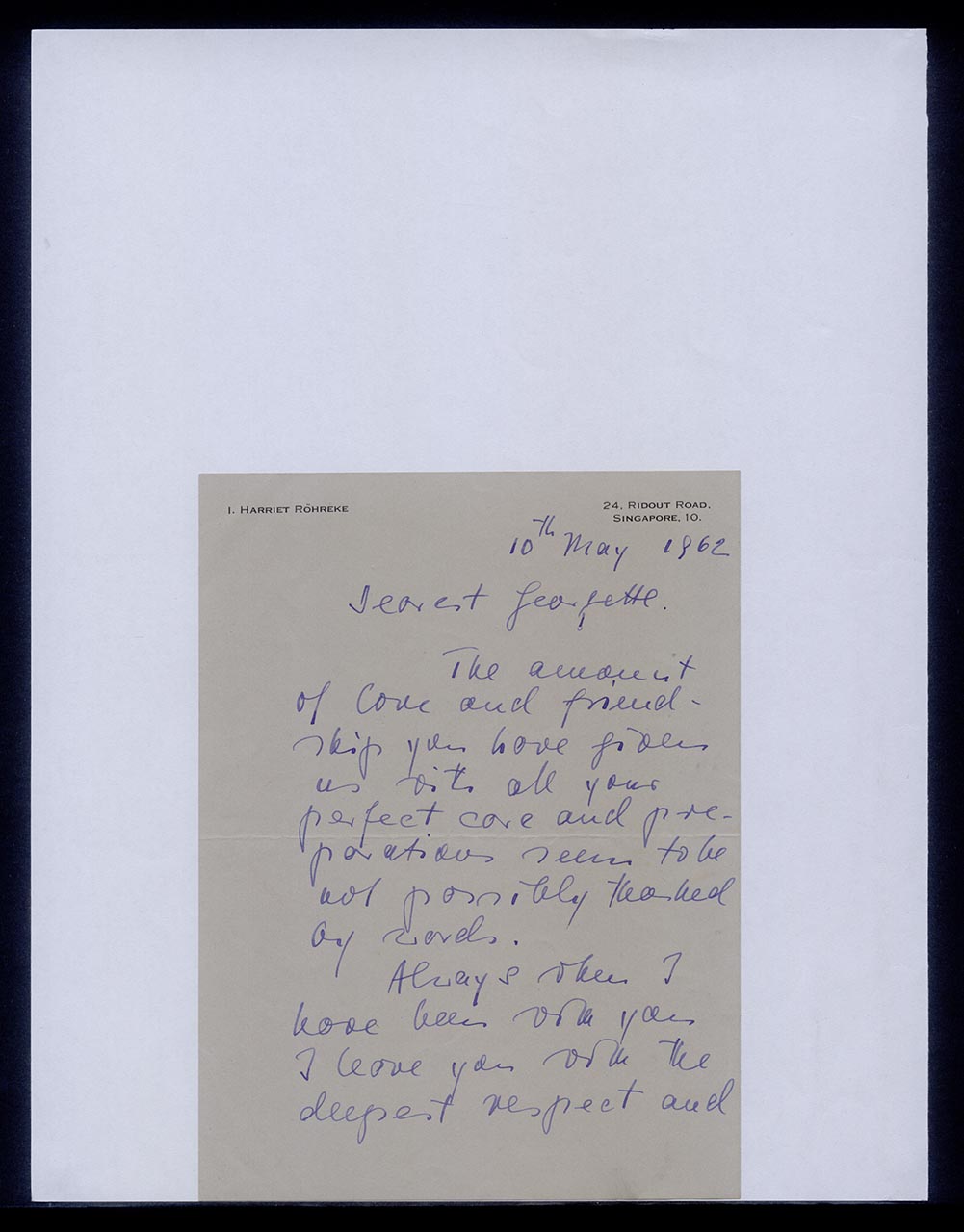 Letter from Harriet Röhreke to Georgette Chen, 10 May 1962 (Page 1 of 2)