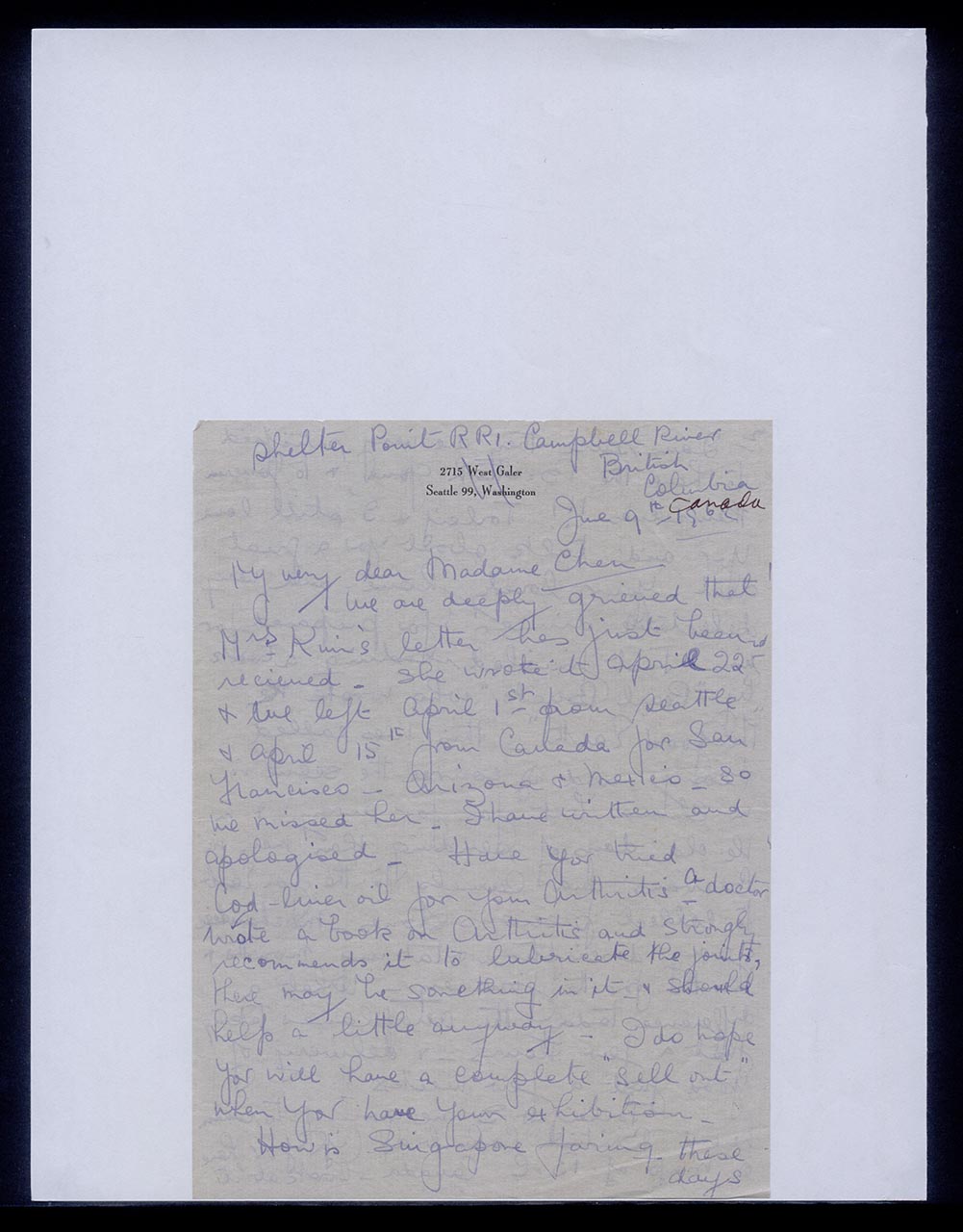 Letter from the Torleifs to Georgette Chen, 9 June 1962 (Page 1 of 5)