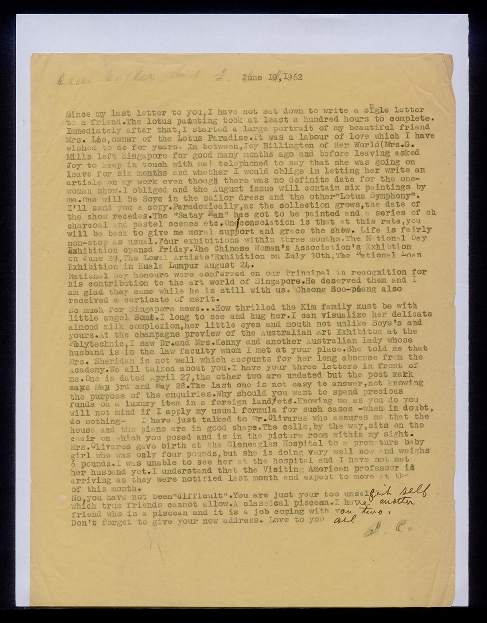 Letter from Georgette Chen to the Kim family, 10 June 1962