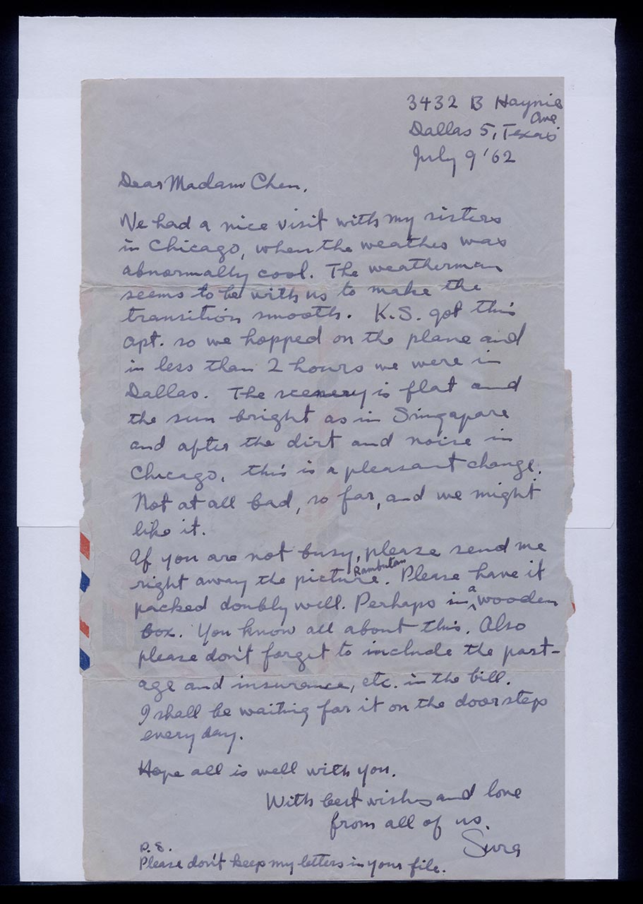Aerogramme from Kim Sura to Georgette Chen, 9 July 1962 (Page 1 of 2)