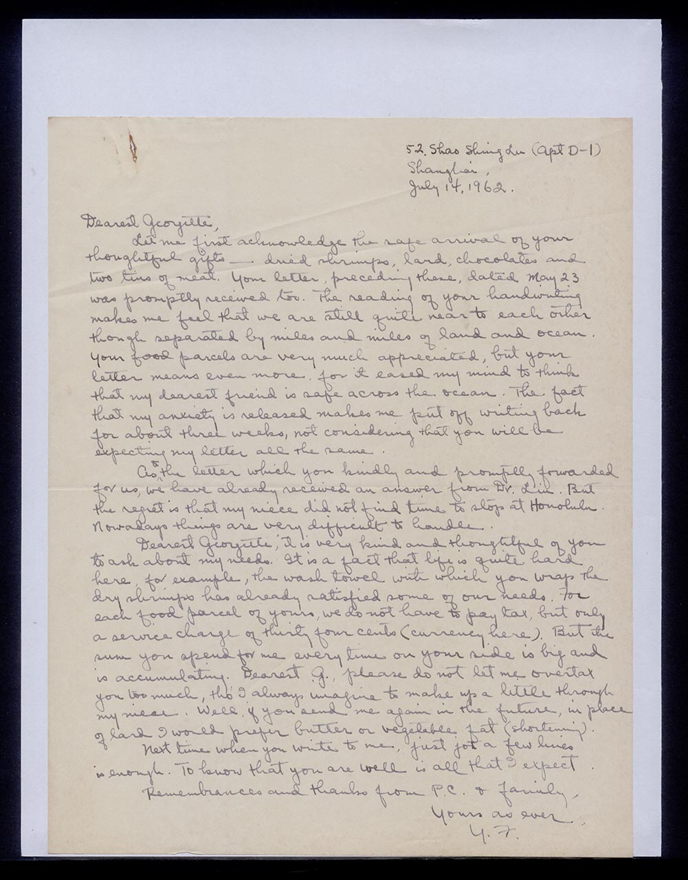 Letter from Chuang Yoeh Foong to Georgette Chen, 14 July 1962