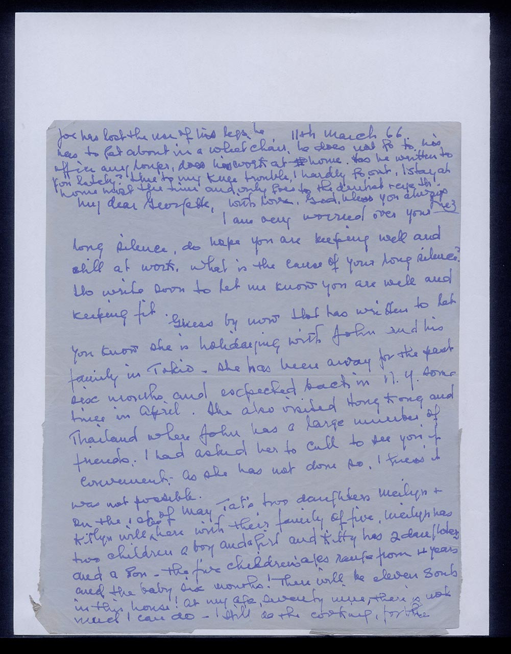 Aerogramme from Inez Achem to Georgette Chen, 11 March 1966 (Page 1 of 3)