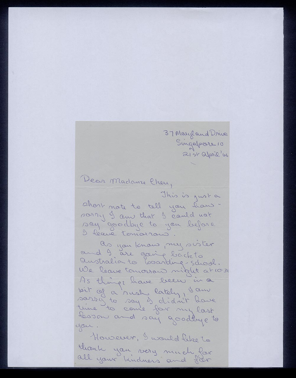Letter from Virginia Whitelaw to Georgette Chen, 21 April 1966 (Page 1 of 2)