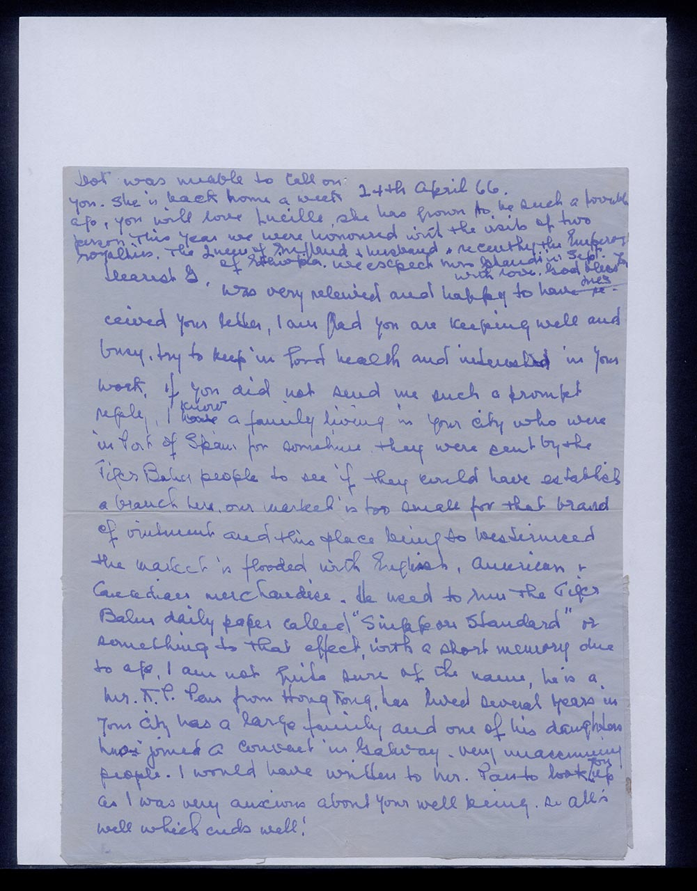 Aerogramme from Inez Achem to Georgette Chen, 14 April 1966 (Page 1 of 3)