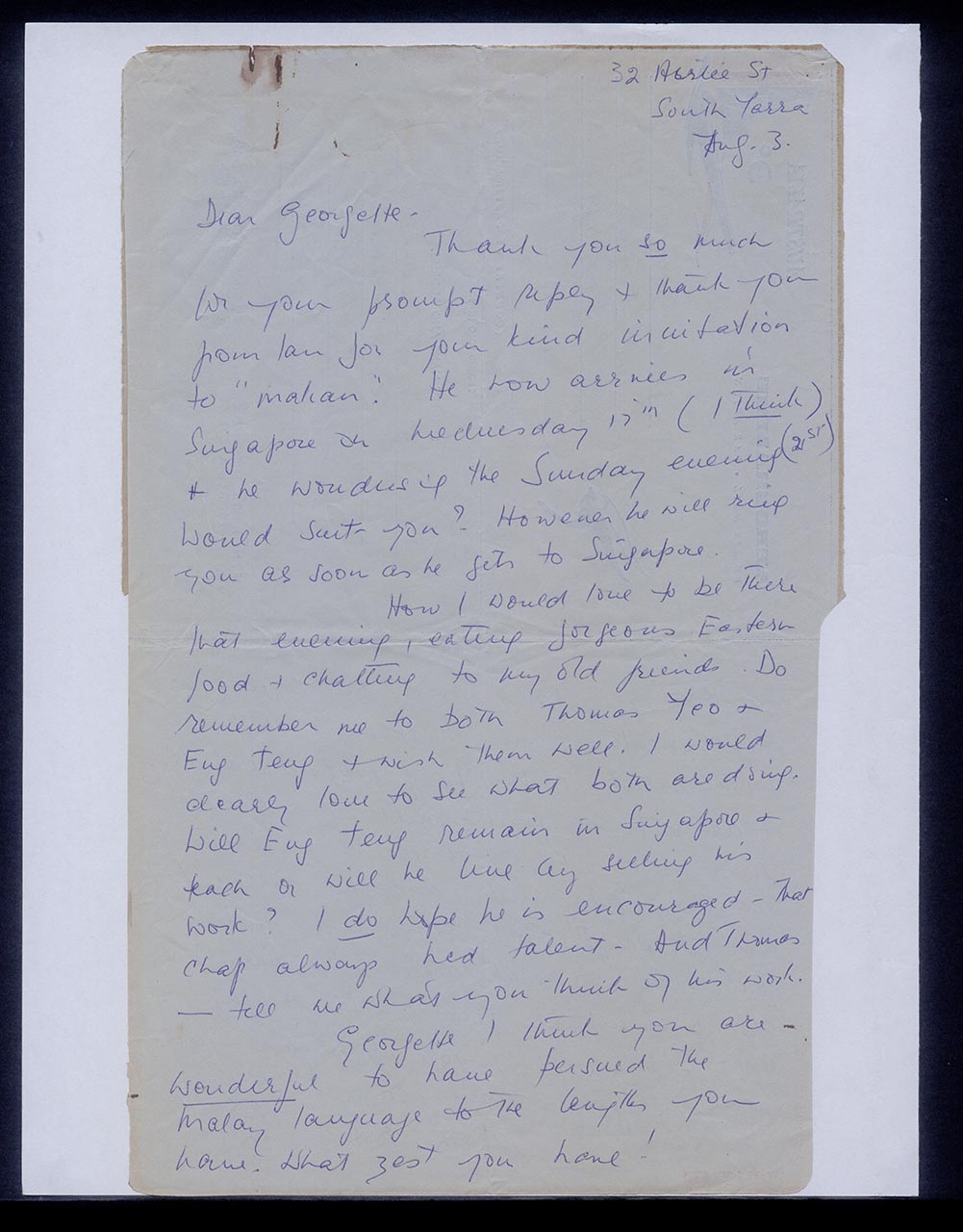 Aerogramme from Patricia Northmore Kennison to Georgette Chen, 3 August 1966 (Page 1 of 2)