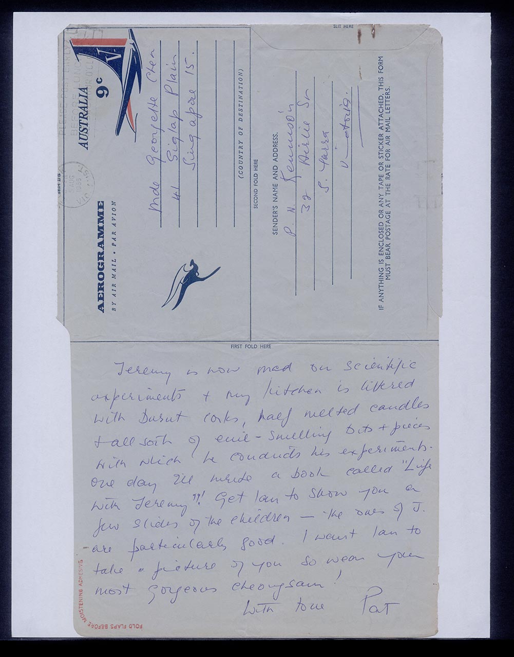 Aerogramme from Patricia Northmore Kennison to Georgette Chen, 3 August 1966 (Page 2 of 2)