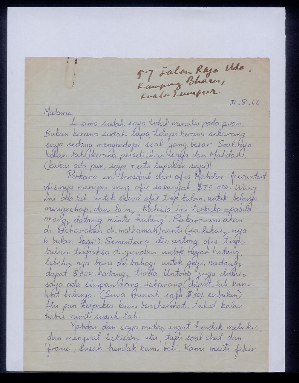 Letter from Rohani Ismail to Georgette Chen, 31 August 1966 (Page 1 of 2)