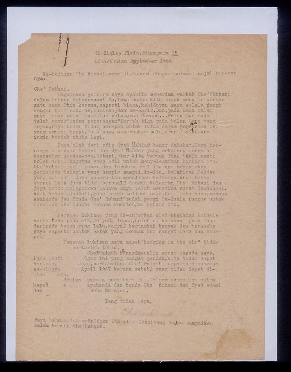 Letter from Georgette Chen to Rohani Ismail, 11 September 1966