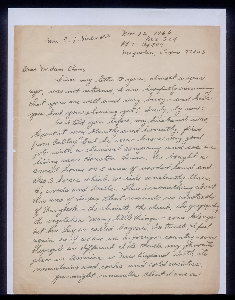 Letter from Virginia Dinsmore to Georgette Chen, 22 November 1966 (Page 1 of 2)