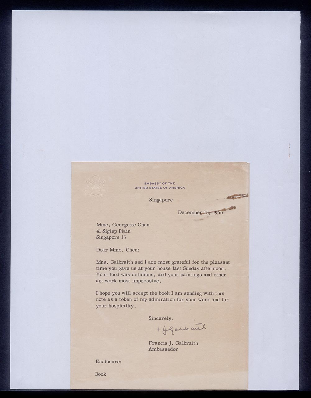 Letter from Francis Galbraith to Georgette Chen, 15 December 1966