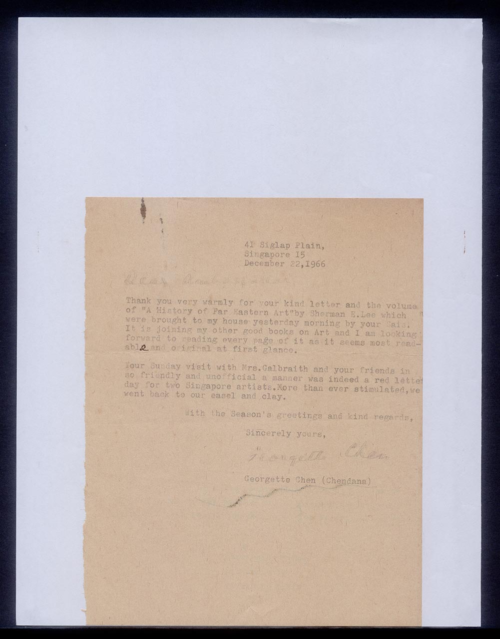 Letter from Georgette Chen to Francis Galbraith, with draft, 22 December 1966 (Page 1 of 2)