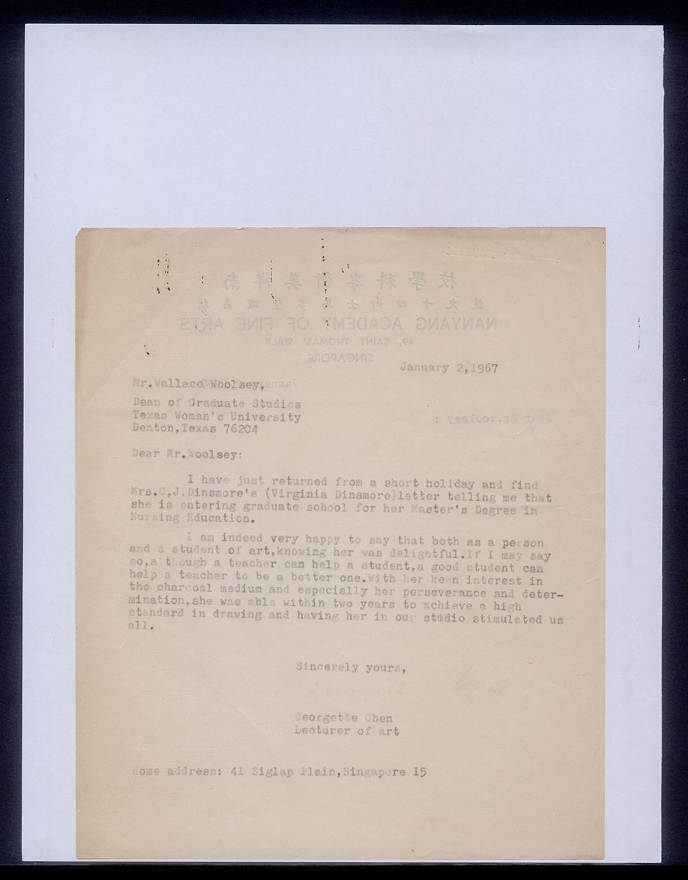 Reference letter for Virginia Dinsmore from Georgette Chen to Wallace Woolsey, 2 January 1967 (Page 2 of 2)