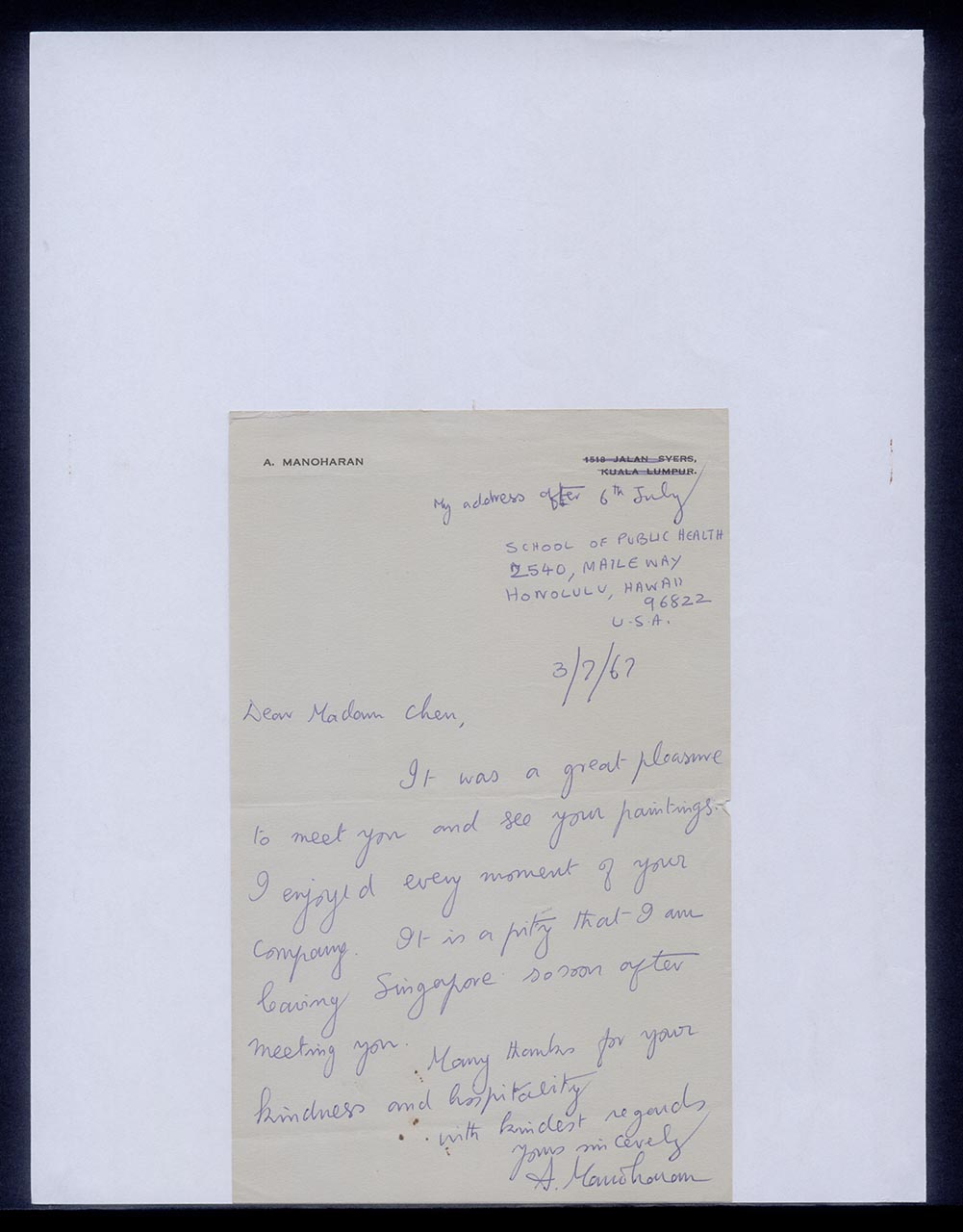 Letter from A. Manoharan to Georgette Chen, 3 July 1967