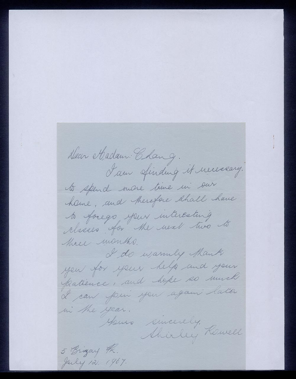 Letter from Shirley Rowell to Georgette Chen, 12 July 1967