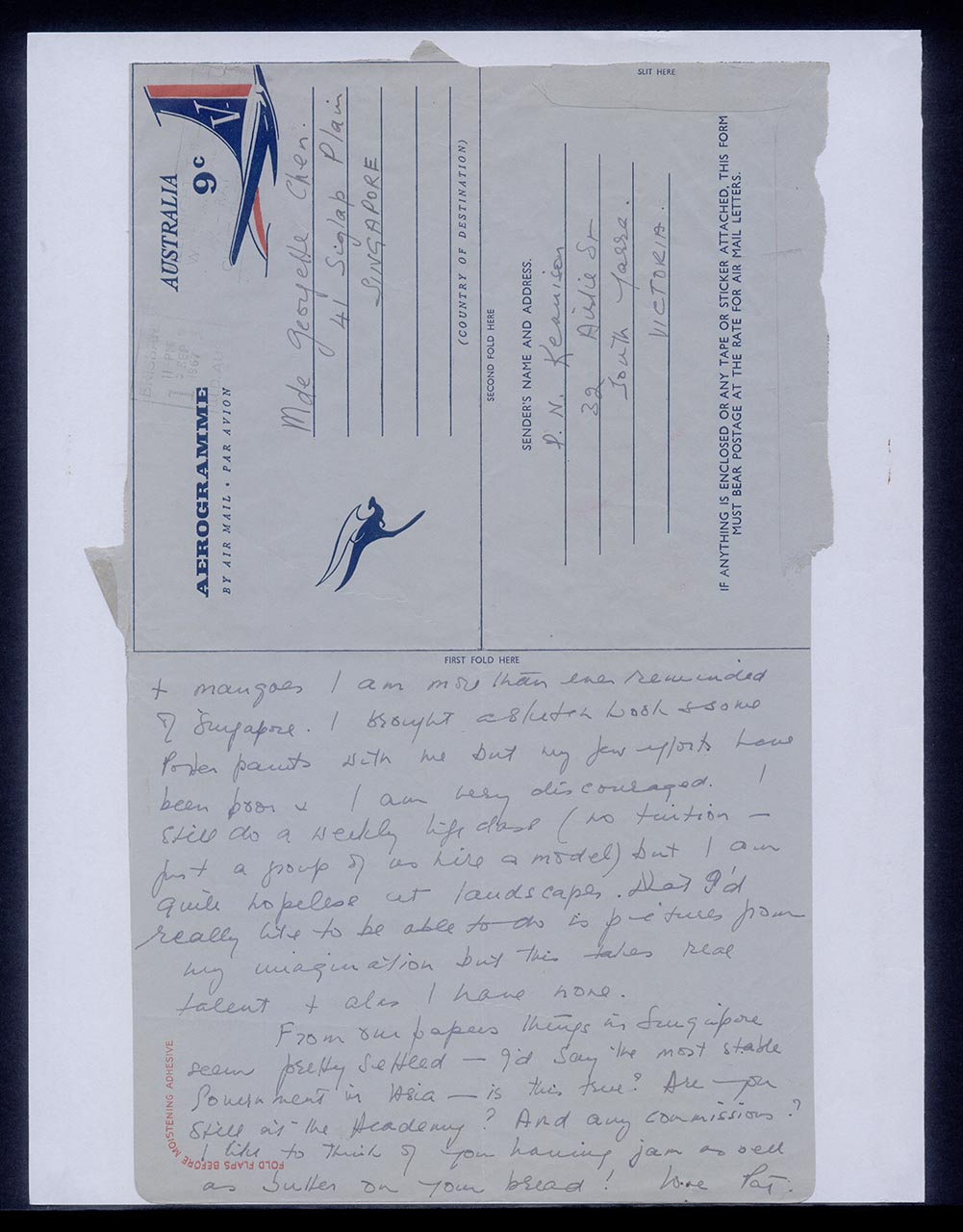 Aerogramme from Patricia Northmore Kennison to Georgette Chen, 6 September 1967 (Page 1 of 2)