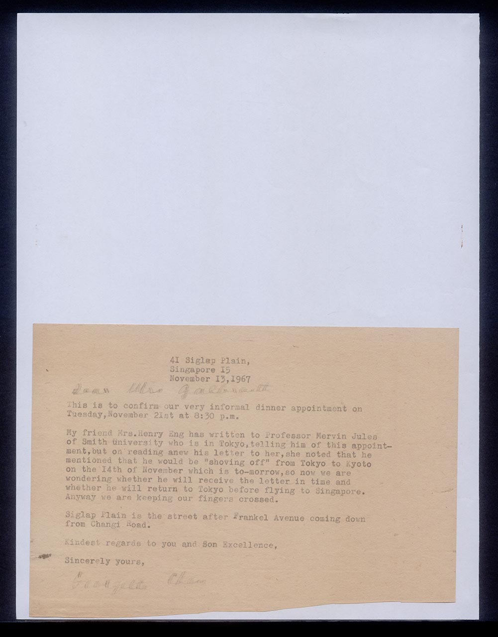 Letter from Mrs Galbraith to Georgette Chen, 13 November 1967