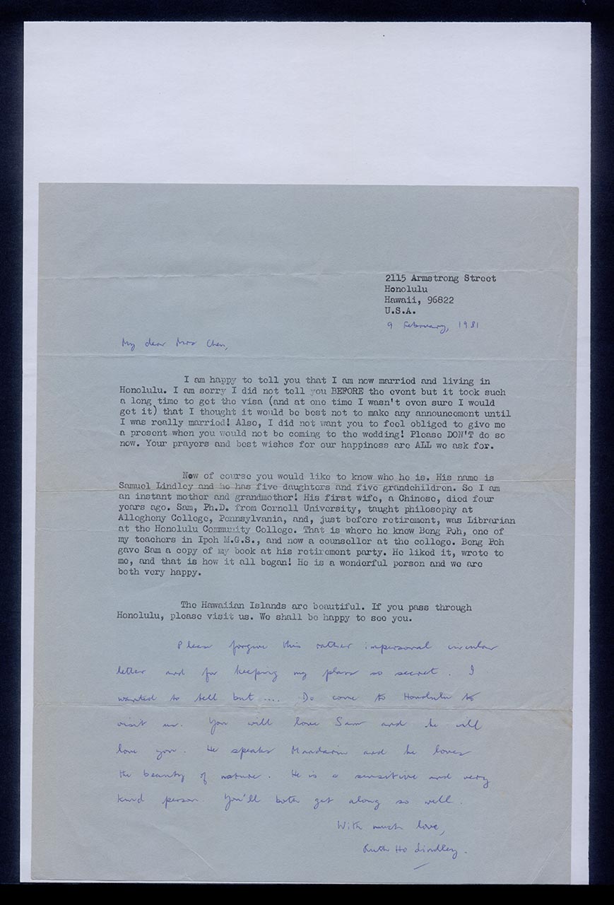 Letter from Ruth Lindley to Georgette Chen, 9 February 1981
