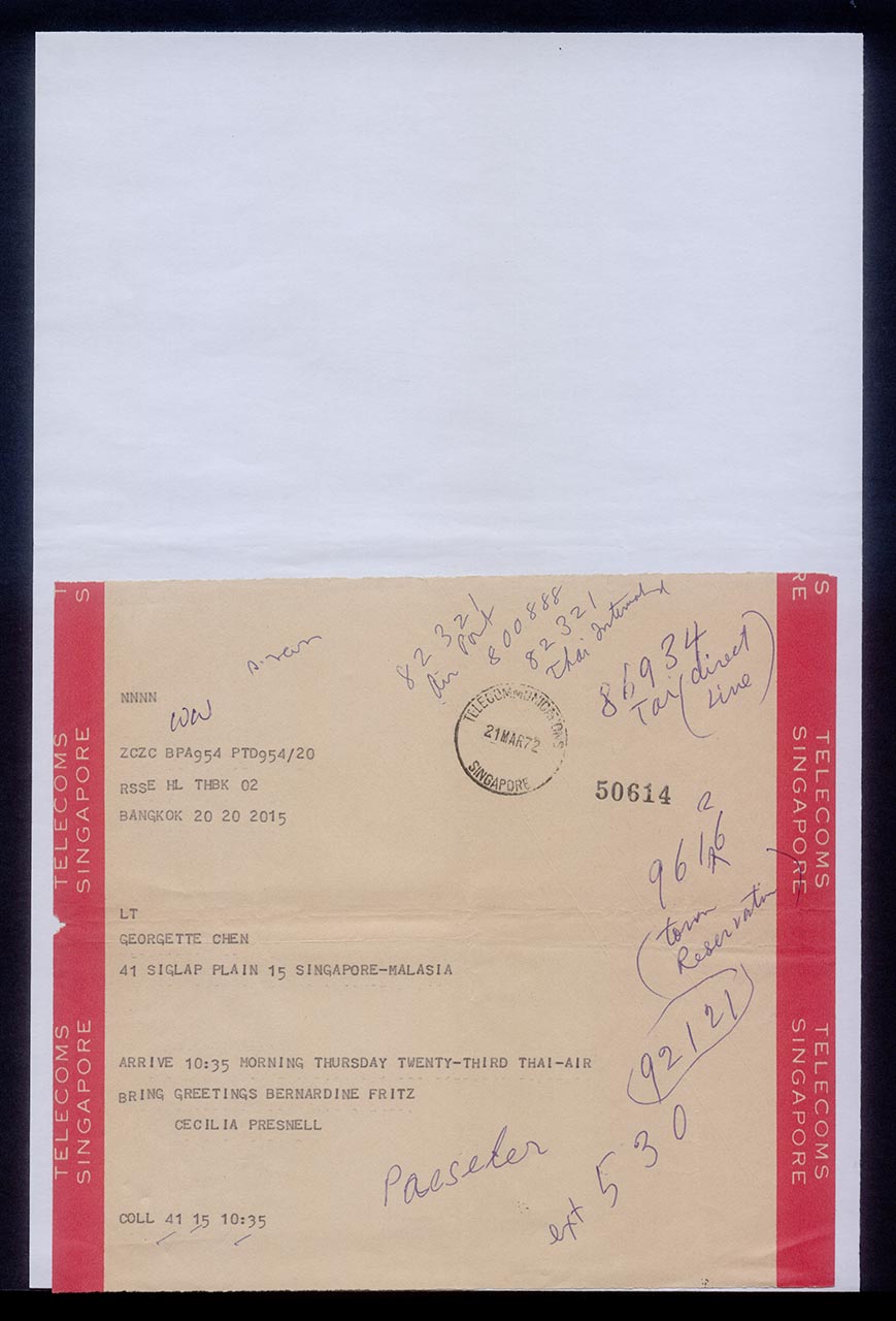 Telegram informing Cecilia Presnall's arrival, 21 March 1972
