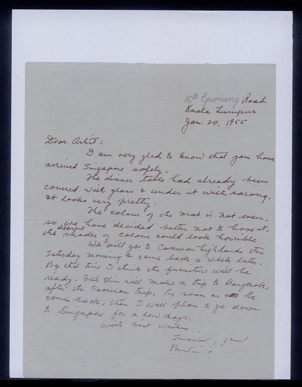 Letter from Pauline Chen to Georgette Chen, 20 January 1955