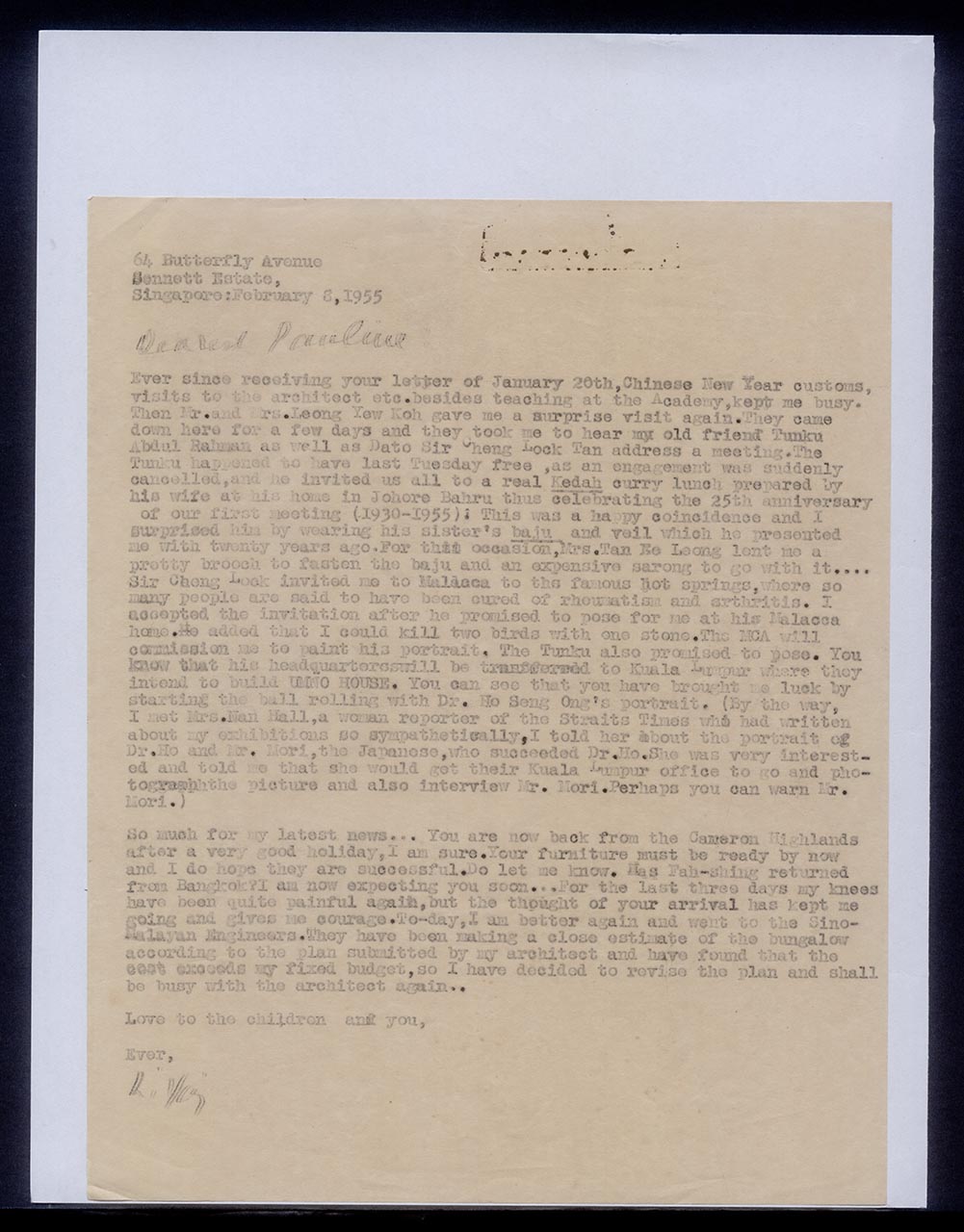 Letter from Georgette Chen to Pauline Chen, 8 February 1955