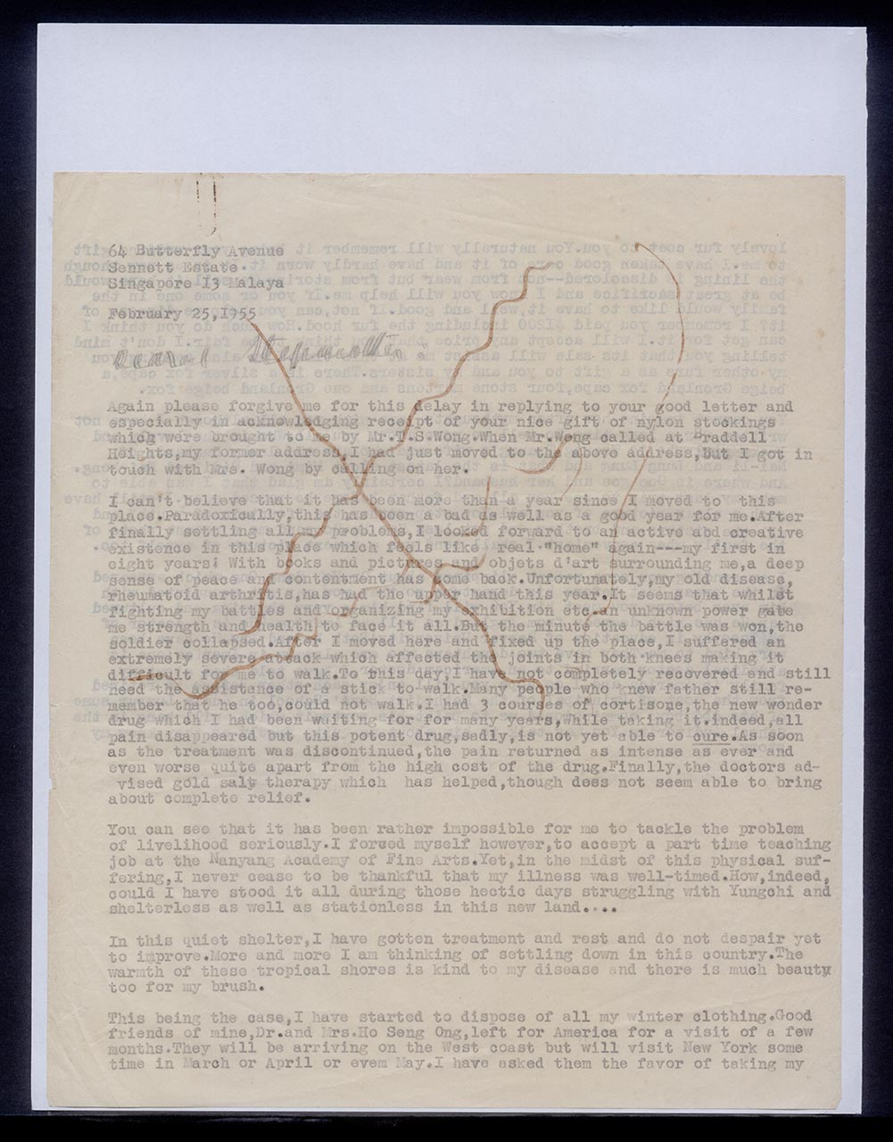 Letter from Georgette Chen to Chang Yi Ming, 25 February 1955 (Page 1 of 2)