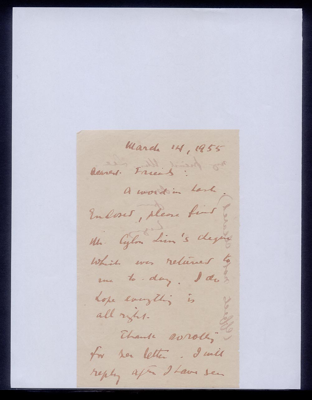 Letter from Georgette Chen to Pauline Chen, 14 March 1955 (Page 1 of 2)