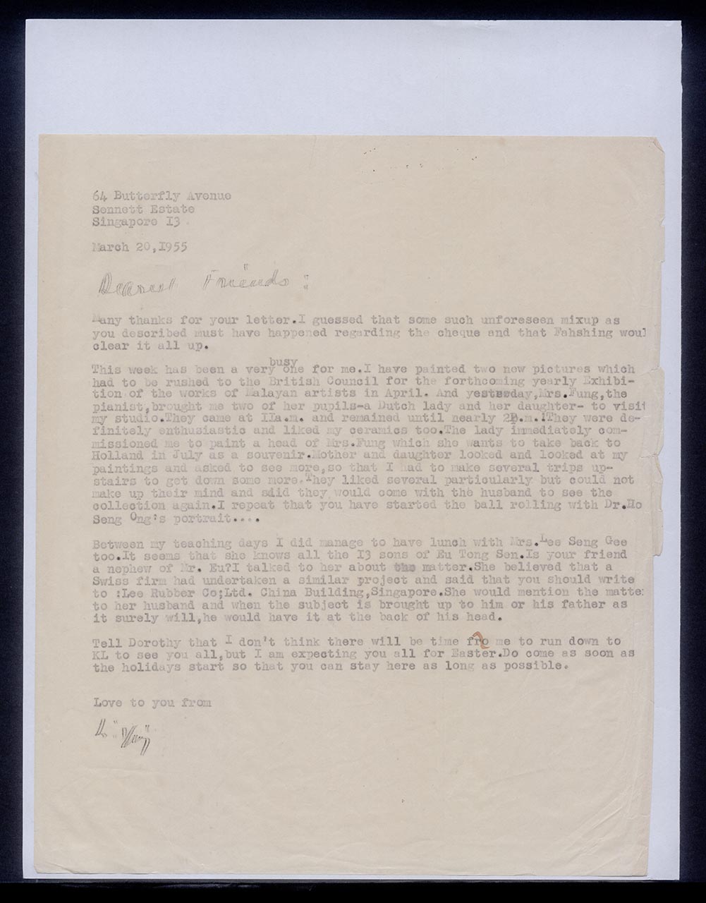 Letter from Georgette Chen to Pauline Chen and Chen Fah-Shin, 20 March 1955