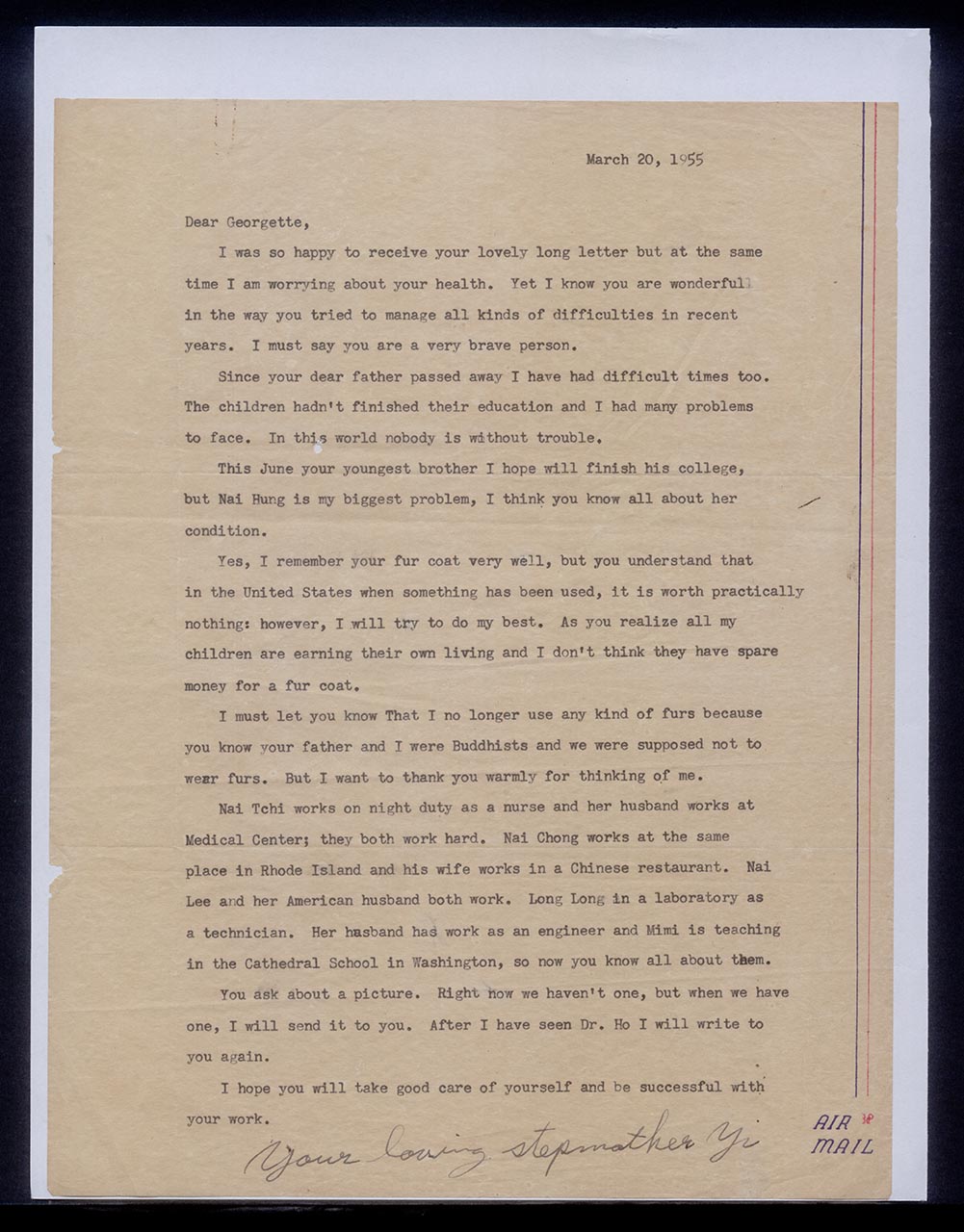 Letter from Chang Yi Ming to Georgette Chen, 20 March 1955 (Page 1 of 3)