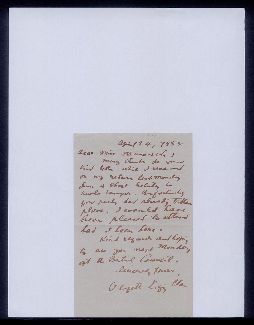 Letter from Georgette Chen to Miss Manasseh, 24 April 1955