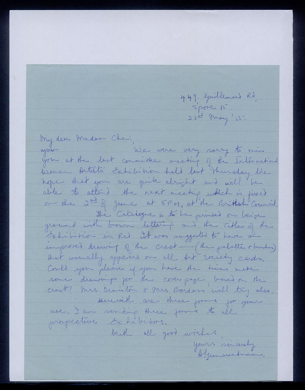 Letter from A. Gunaratnam to Georgette Chen, 23 May 1955
