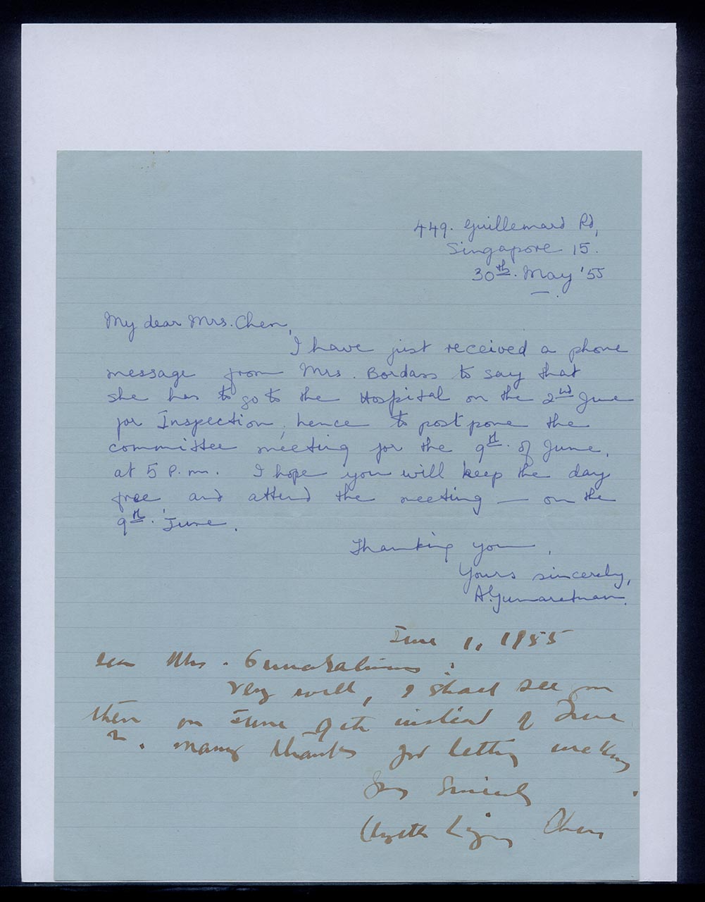 Exchange of letters between A. Gunaratnam and Georgette Chen, 30 May 1955