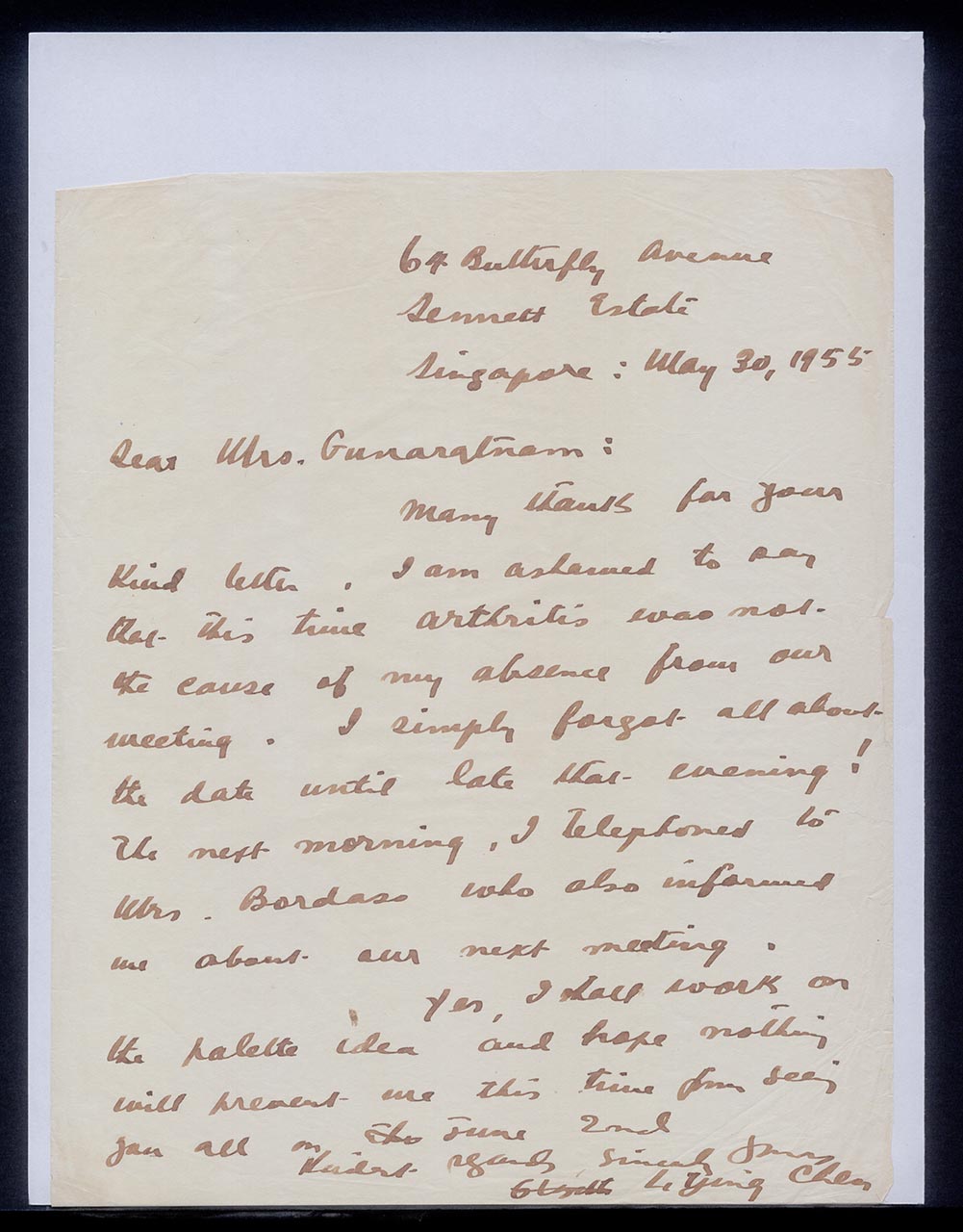 Letter from Georgette Chen to A. Gunaratnam, 30 May 1955