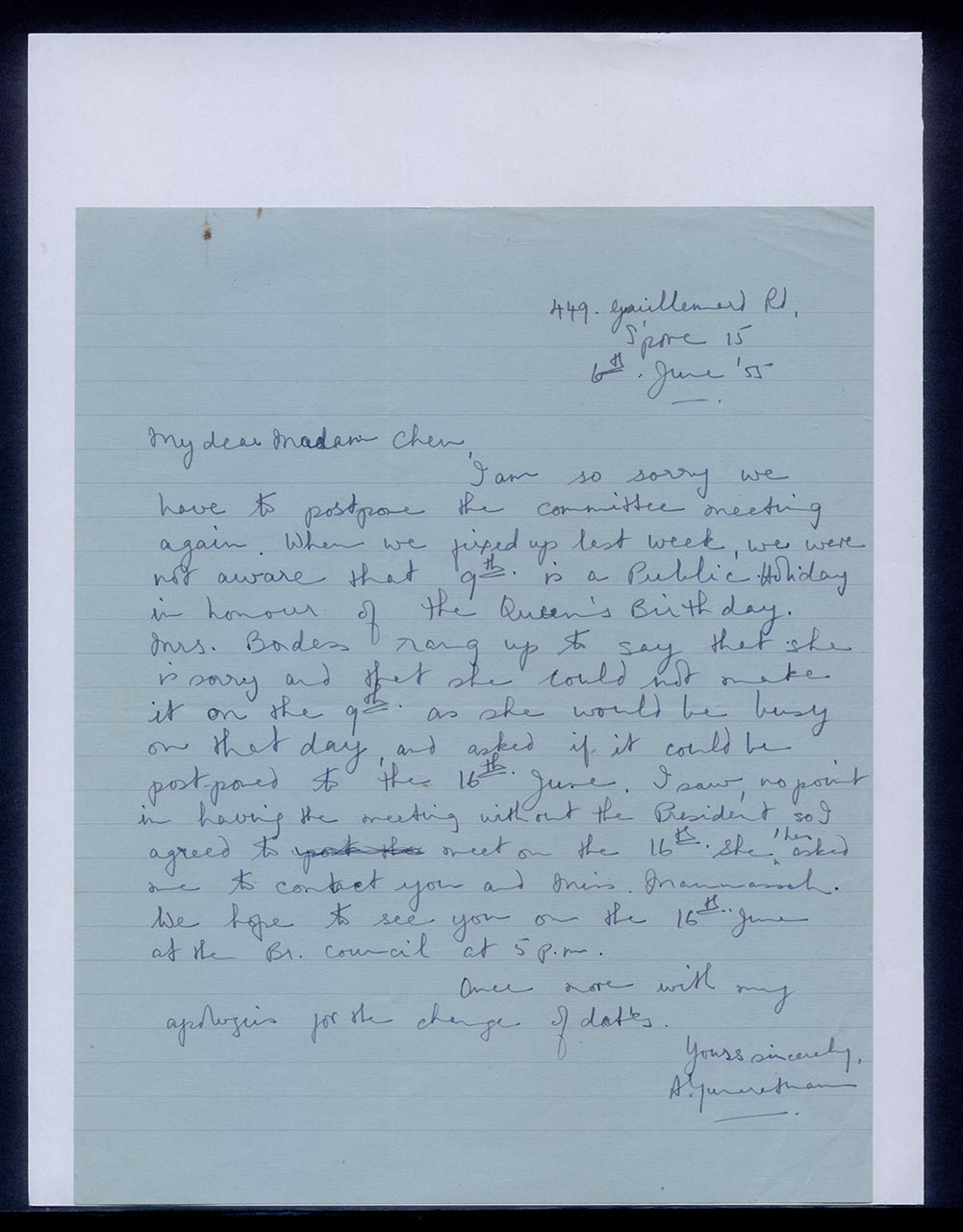 Letter from A. Gunaratnam to Georgette Chen, 6 June 1955
