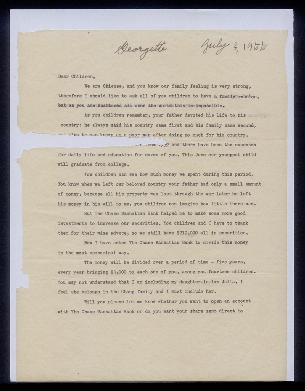 Letter from Chang Yi Ming to Georgette Chen, 3 July 1955 (Page 1 of 2)