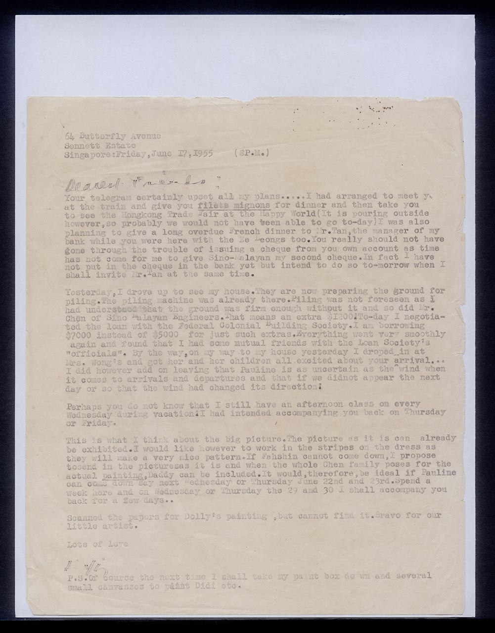 Letter from Georgette Chen to Pauline Chen and Chen Fah-Shin, 17 June 1955