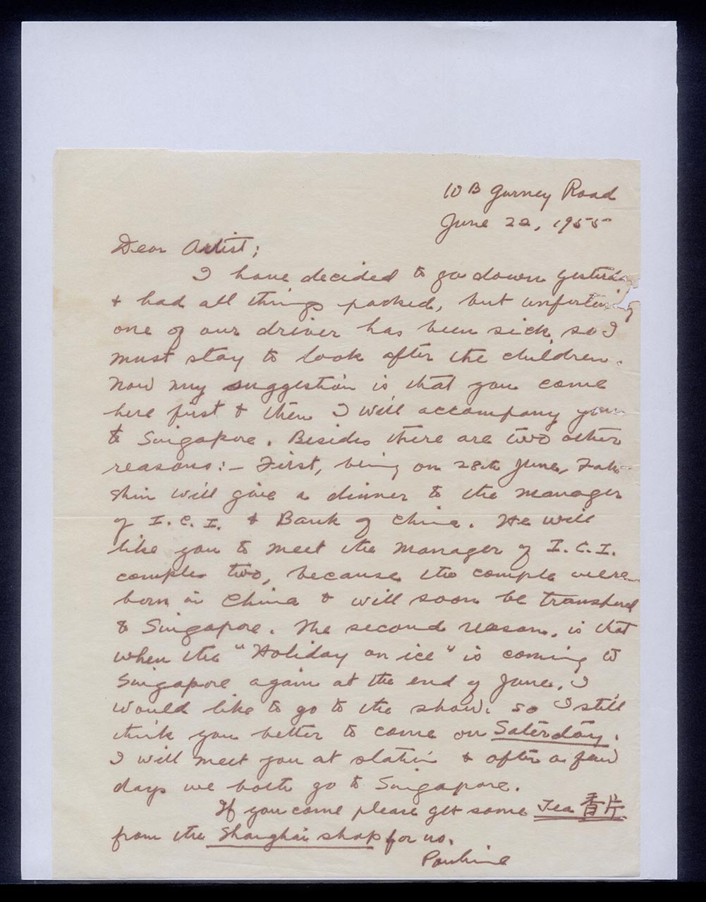 Letter from Pauline Chen to Georgette Chen, 22 June 1955